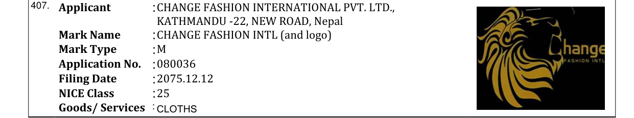 Original bulletin entry for CHANGE FASHION INTL (and logo)