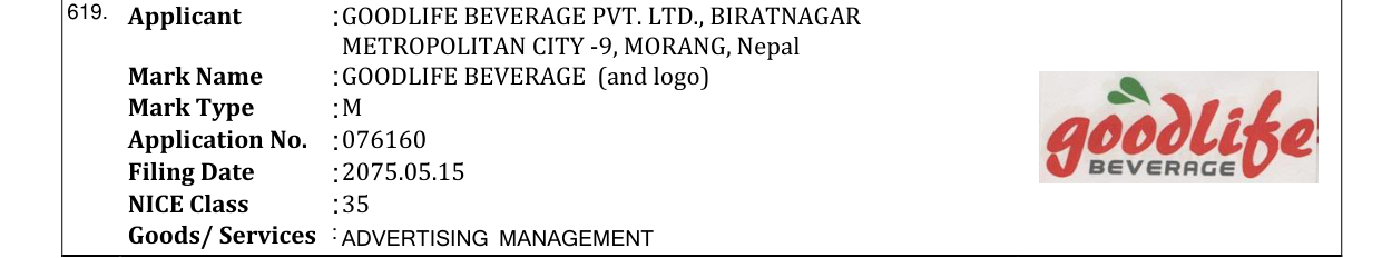 Original bulletin entry for GOODLIFE BEVERAGE (and logo)