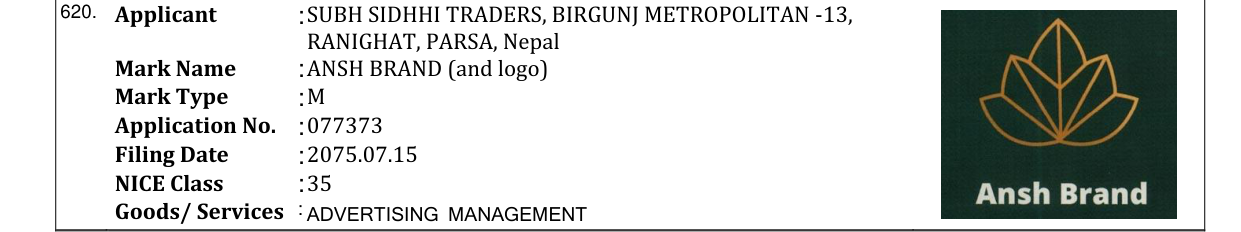 Original bulletin entry for ANSH BRAND (and logo)