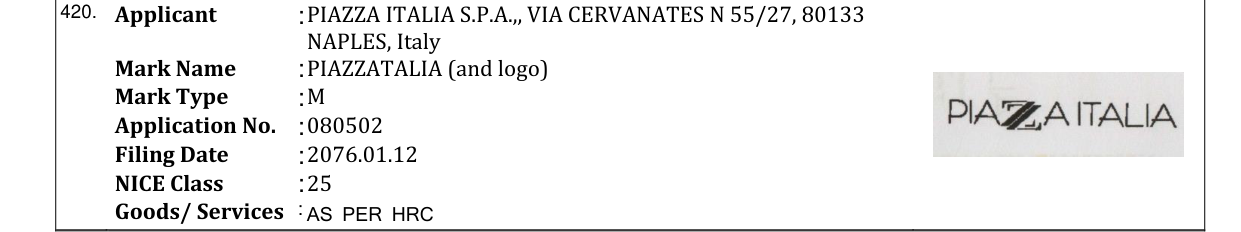 Original bulletin entry for PIAZZATALIA (and logo)