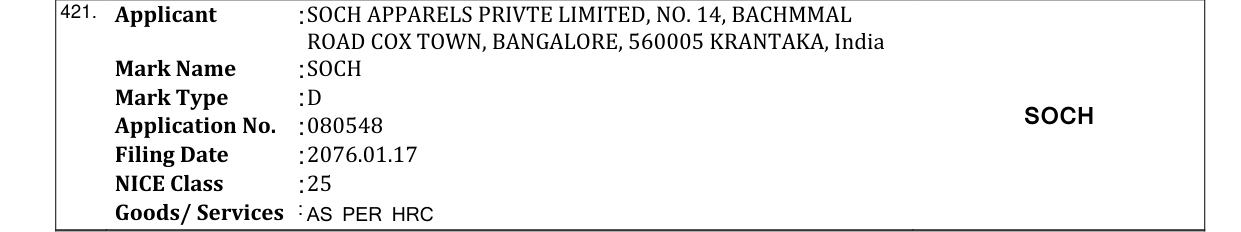 Original bulletin entry for SOCH