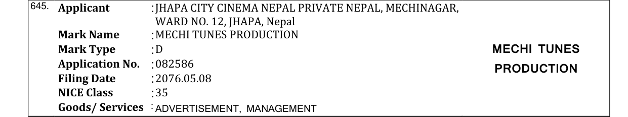 Original bulletin entry for MECHI TUNES PRODUCTION