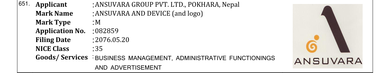 Original bulletin entry for ANSUVARA AND DEVICE (and logo)