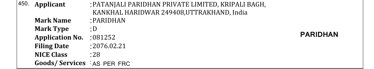 Original bulletin entry for PARIDHAN