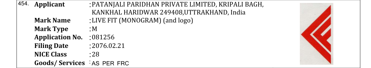 Original bulletin entry for LIVE FIT (MONOGRAM) (and logo)
