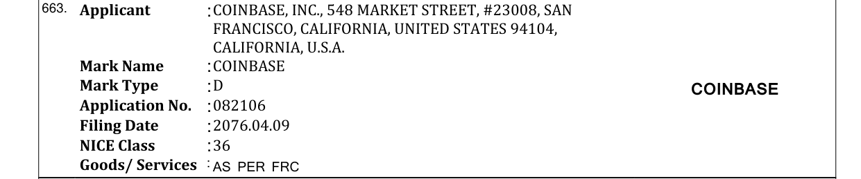 Original bulletin entry for COINBASE