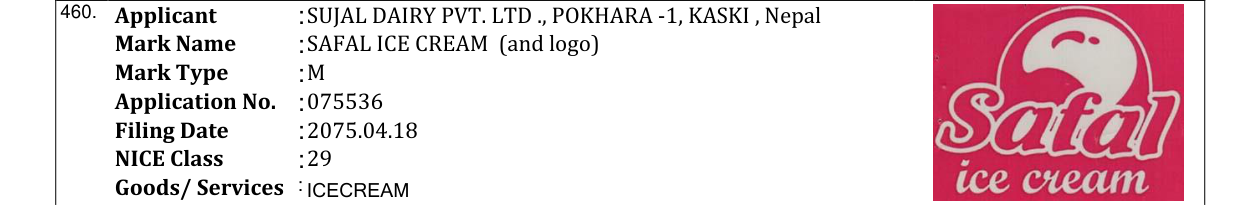 Original bulletin entry for SAFAL ICE CREAM (and logo)