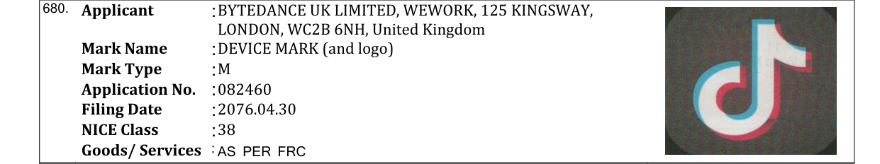 Original bulletin entry for DEVICE MARK (and logo)