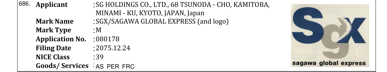 Original bulletin entry for SGX/SAGAWA GLOBAL EXPRESS (and logo)
