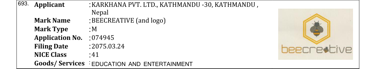 Original bulletin entry for BEECREATIVE (and logo)