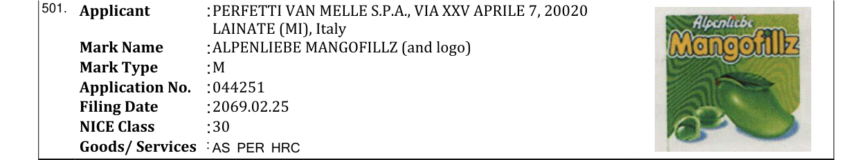 Original bulletin entry for ALPENLIEBE MANGOFILLZ (and logo)