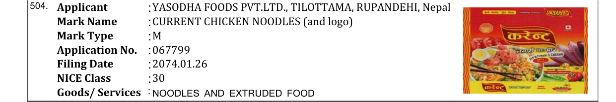 Original bulletin entry for CURRENT CHICKEN NOODLES (and logo)
