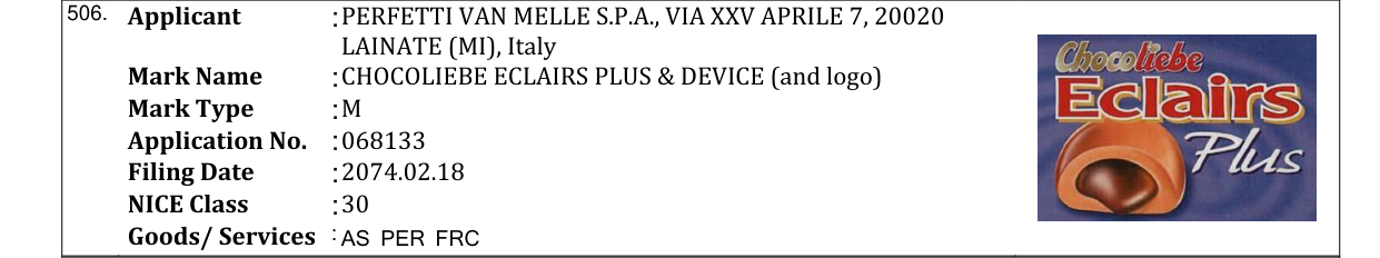 Original bulletin entry for CHOCOLIEBE ECLAIRS PLUS & DEVICE (and logo)