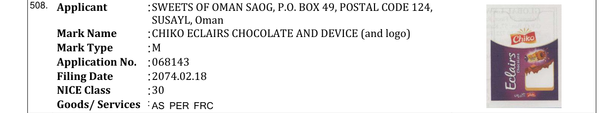 Original bulletin entry for CHIKO ECLAIRS CHOCOLATE AND DEVICE (and logo)