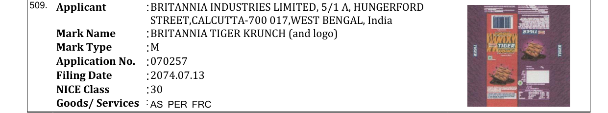 Original bulletin entry for BRITANNIA TIGER KRUNCH (and logo)