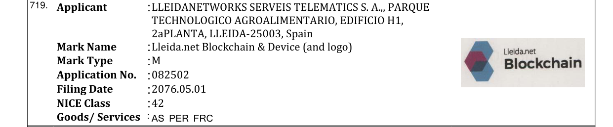 Original bulletin entry for Lleida.net Blockchain & Device (and logo)