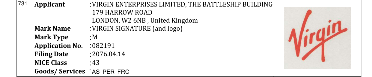 Original bulletin entry for VIRGIN SIGNATURE (and logo)