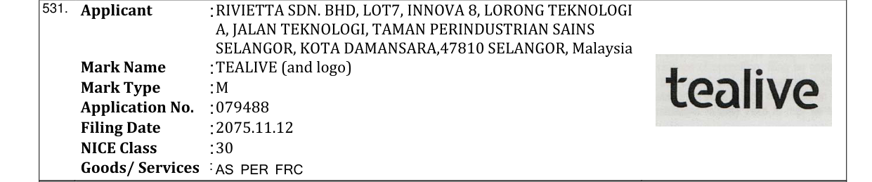 Original bulletin entry for TEALIVE (and logo)