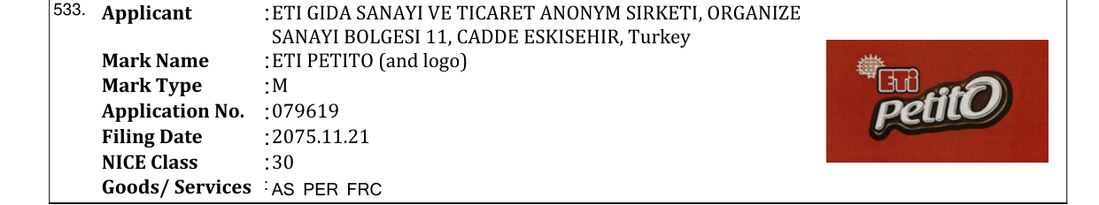 Original bulletin entry for ETI PETITO (and logo)