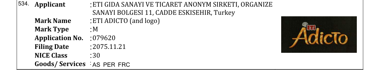 Original bulletin entry for ETI ADICTO (and logo)