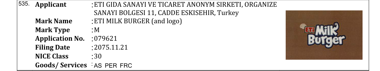 Original bulletin entry for ETI MILK BURGER (and logo)