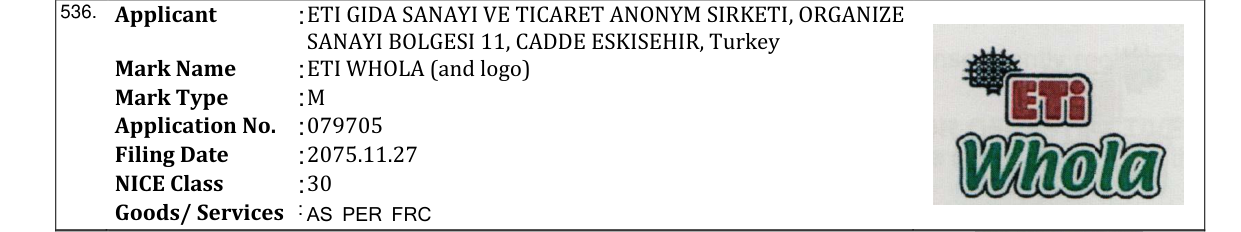Original bulletin entry for ETI WHOLA (and logo)