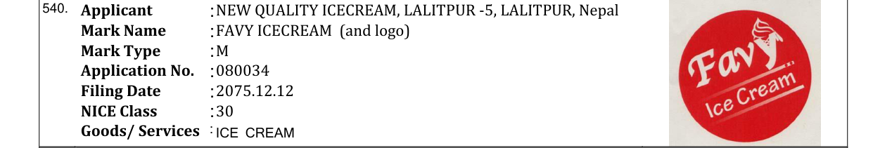 Original bulletin entry for FAVY ICECREAM (and logo)