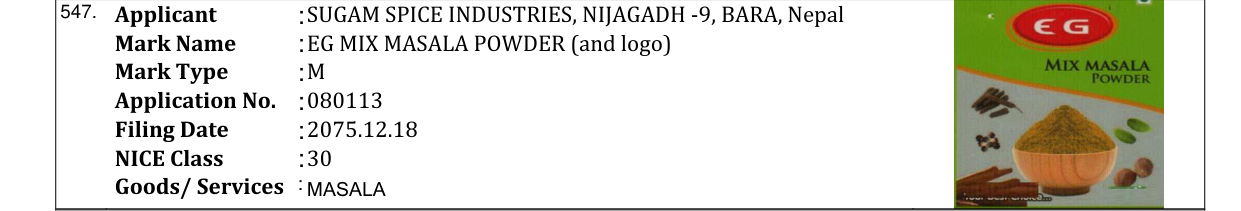 Original bulletin entry for EG MIX MASALA POWDER (and logo)