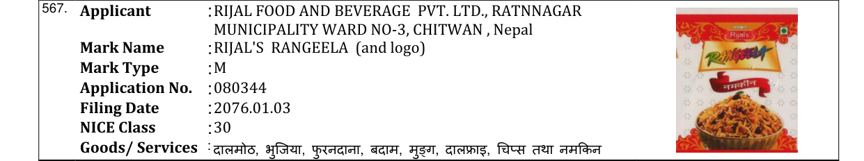 Original bulletin entry for RIJAL'S RANGEELA (and logo)