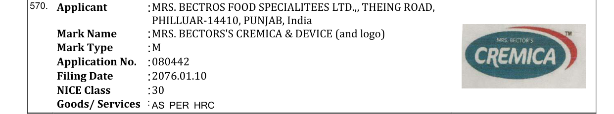 Original bulletin entry for MRS. BECTORS'S CREMICA & DEVICE (and logo)