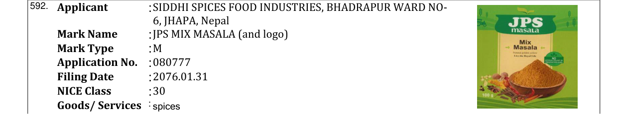 Original bulletin entry for JPS MIX MASALA (and logo)