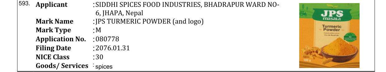 Original bulletin entry for JPS TURMERIC POWDER (and logo)