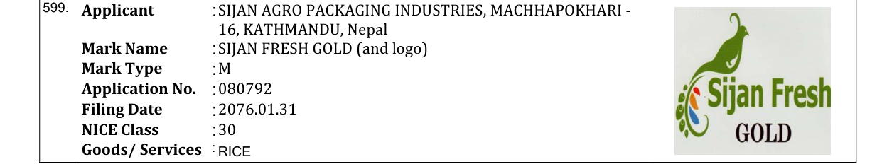Original bulletin entry for SIJAN FRESH GOLD (and logo)