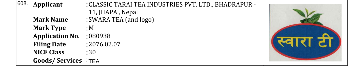 Original bulletin entry for SWARA TEA (and logo)