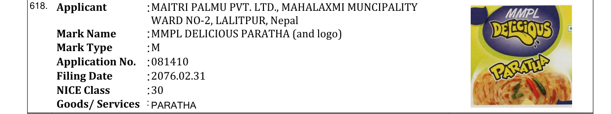 Original bulletin entry for MMPL DELICIOUS PARATHA (and logo)