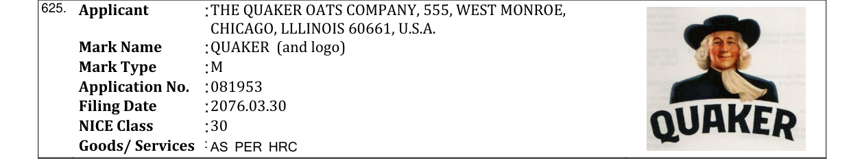 Original bulletin entry for QUAKER (and logo)