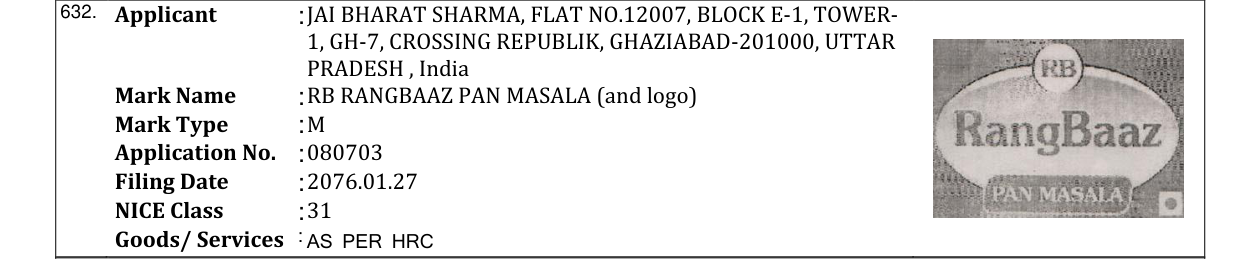 Original bulletin entry for RB RANGBAAZ PAN MASALA (and logo)