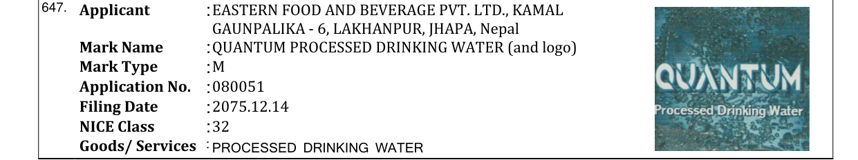 Original bulletin entry for QUANTUM PROCESSED DRINKING WATER (and logo)
