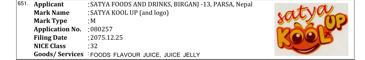 Original bulletin entry for SATYA KOOL UP (and logo)