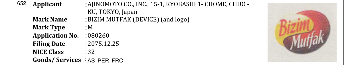 Original bulletin entry for BIZIM MUTFAK (DEVICE) (and logo)