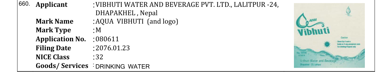 Original bulletin entry for AQUA VIBHUTI (and logo)