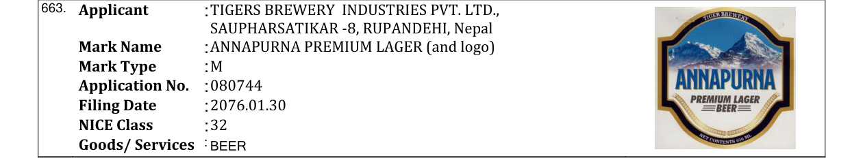 Original bulletin entry for ANNAPURNA PREMIUM LAGER (and logo)