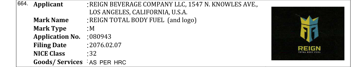Original bulletin entry for REIGN TOTAL BODY FUEL (and logo)