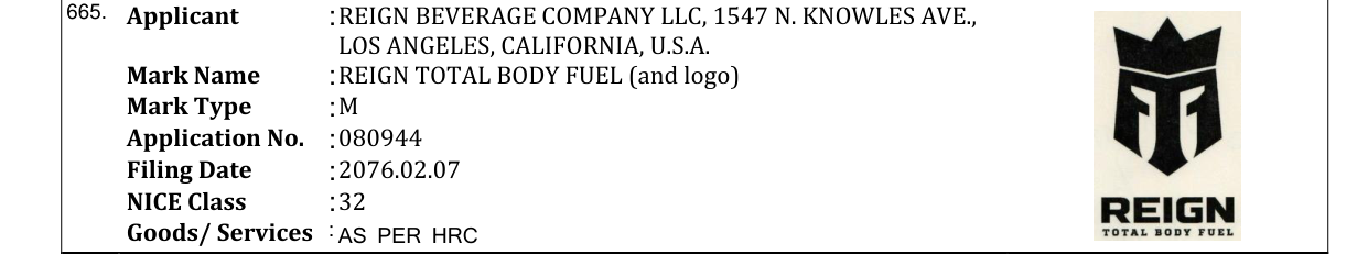 Original bulletin entry for REIGN TOTAL BODY FUEL (and logo)