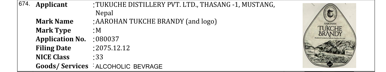 Original bulletin entry for AAROHAN TUKCHE BRANDY (and logo)