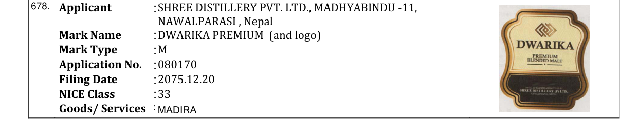 Original bulletin entry for DWARIKA PREMIUM (and logo)