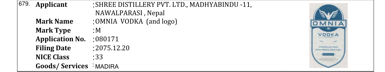 Original bulletin entry for OMNIA VODKA (and logo)