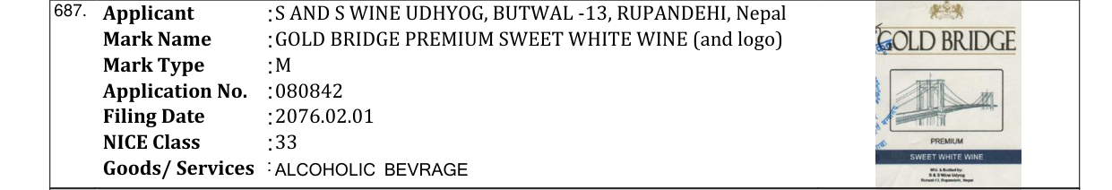 Original bulletin entry for GOLD BRIDGE PREMIUM SWEET WHITE WINE (and logo)