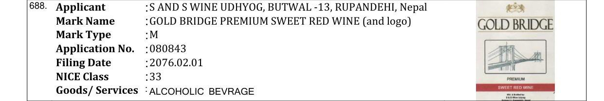 Original bulletin entry for GOLD BRIDGE PREMIUM SWEET RED WINE (and logo)