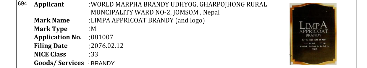 Original bulletin entry for LIMPA APPRICOAT BRANDY (and logo)